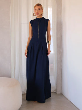 Vestido Longo Alfaiataria com Zíper Frontal Rosalia