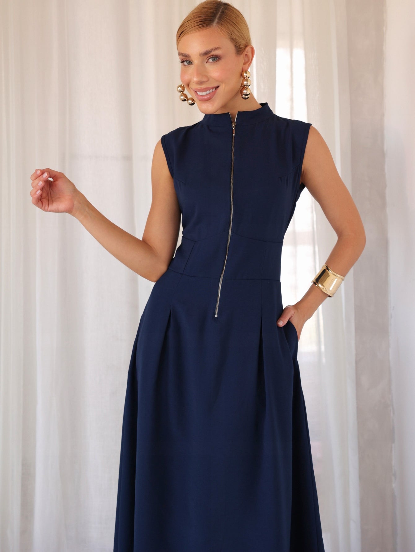 Vestido Longo Alfaiataria com Zíper Frontal Rosalia