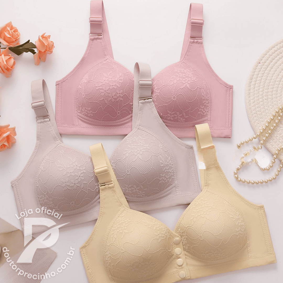 [Kit 3 Peças] Sutiã Lorena - Alta Sustentação com Renda Floral e Fecho Frontal