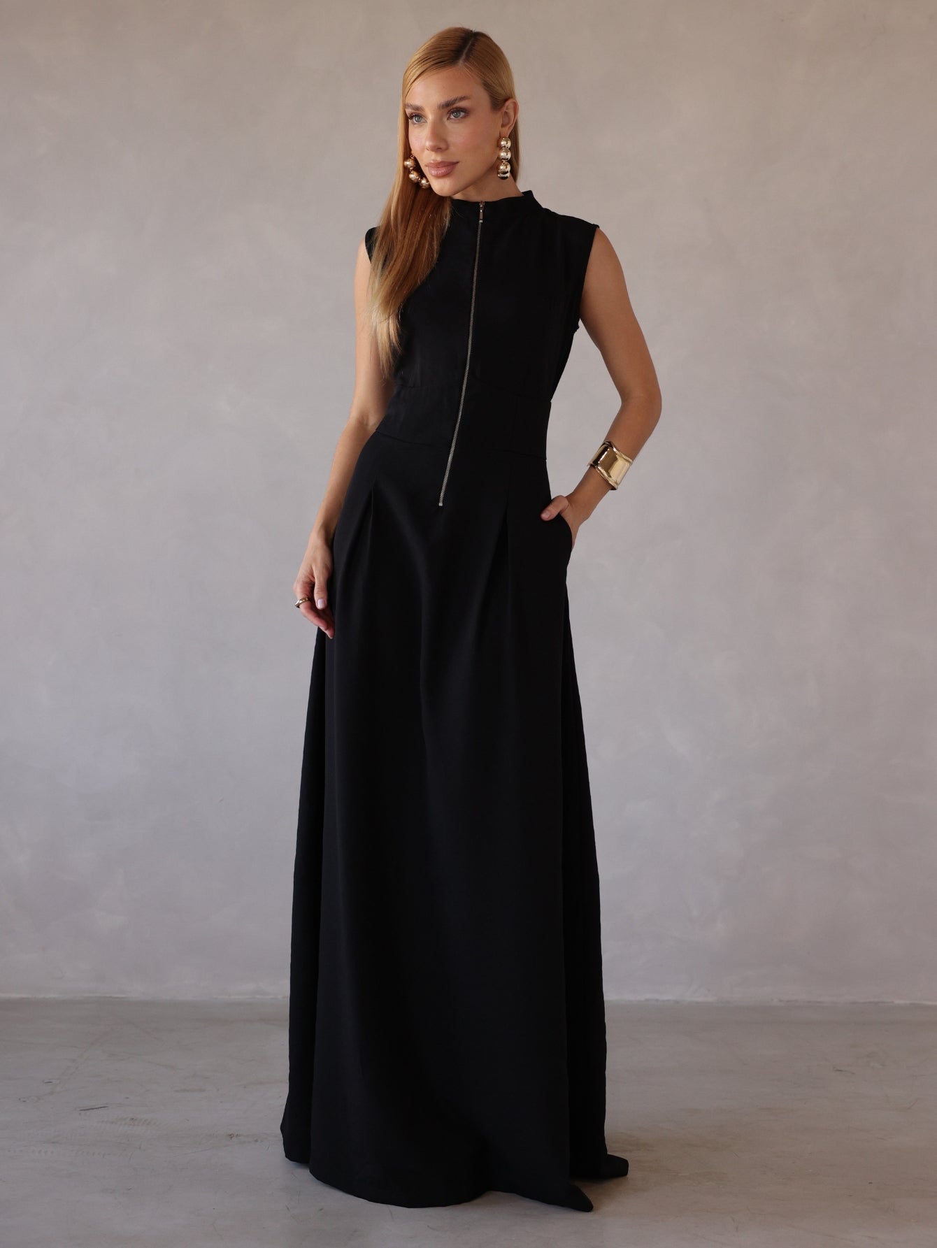 Vestido Longo Alfaiataria com Zíper Frontal Rosalia