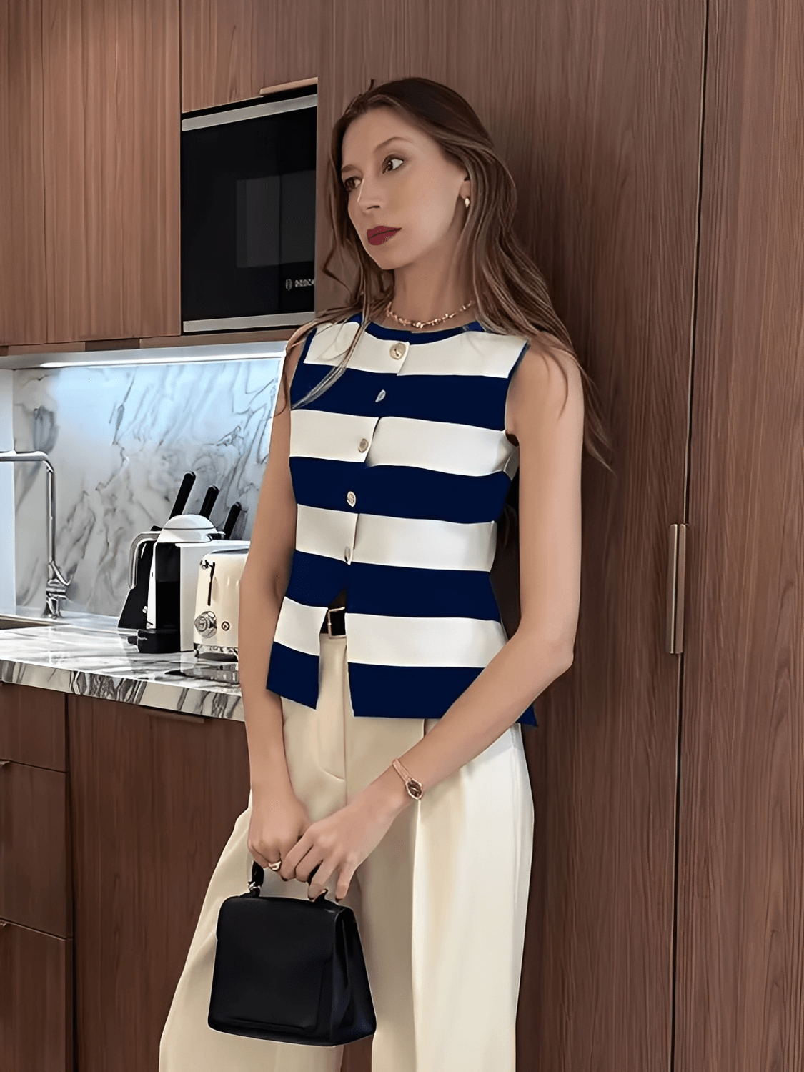 Blusa em Viscose com Listras Sofisticadas e Botões Dourados - Belinda