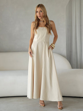 Vestido Longo Alfaiataria Decote Quadrado e Bolsos Yanca