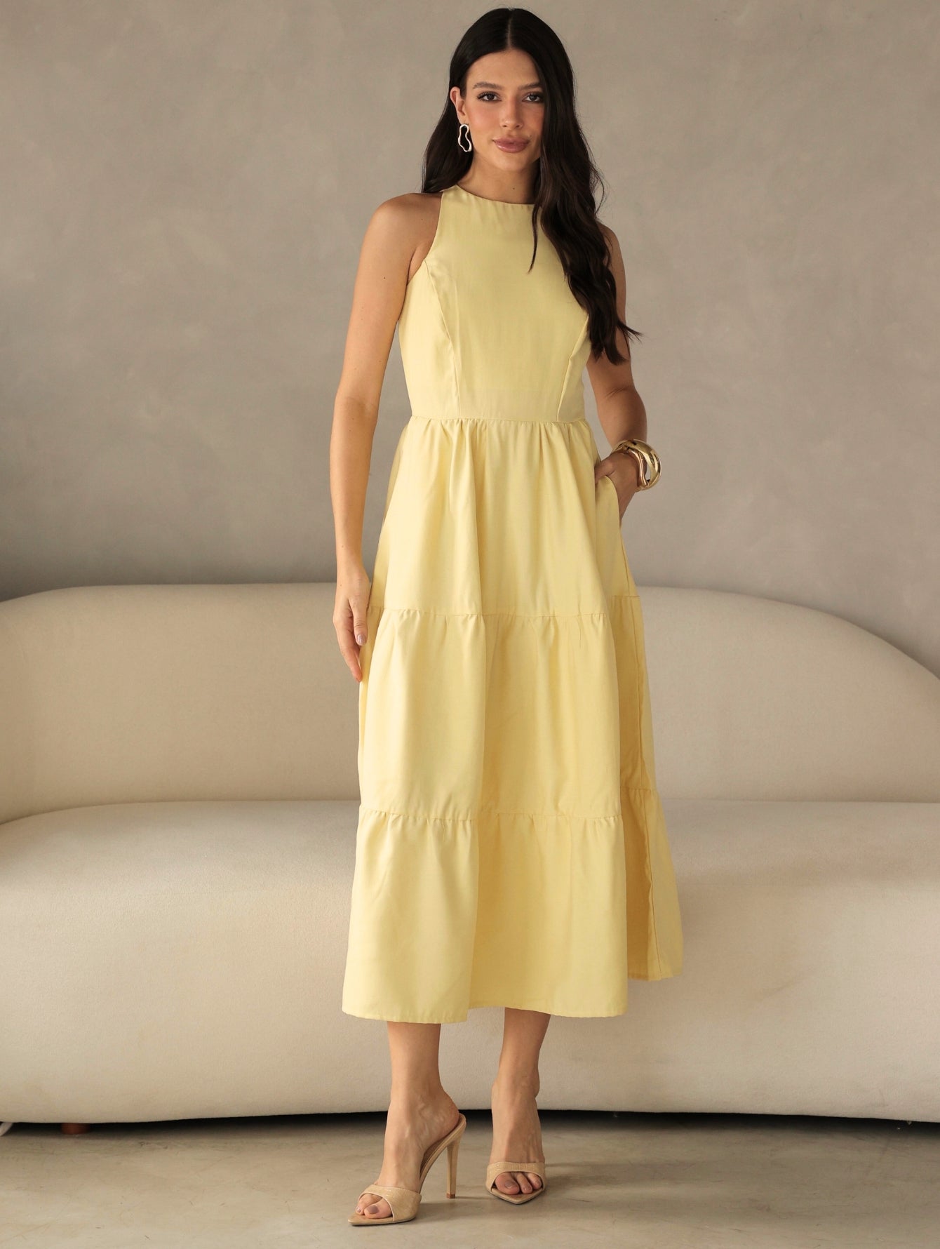 Vestido Longo Alfaiataria Sem Manga Zíper nas Costas Flora