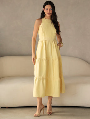 Vestido Longo Alfaiataria Sem Manga Zíper nas Costas Flora