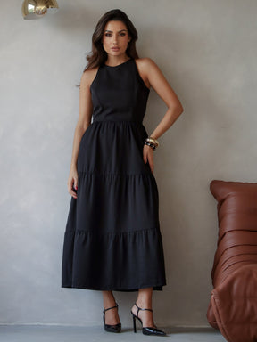 Vestido Longo Alfaiataria Sem Manga Zíper nas Costas Flora