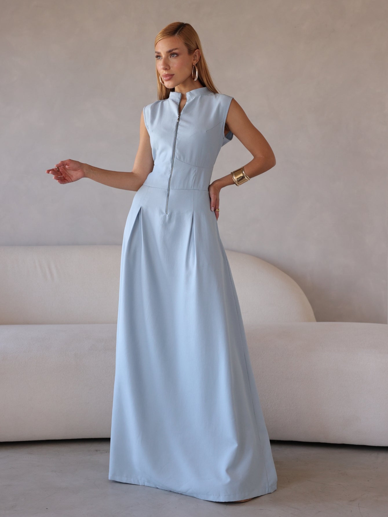 Vestido Longo Alfaiataria com Zíper Frontal Rosalia