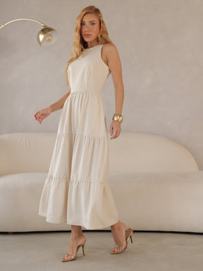 Vestido Longo Alfaiataria Sem Manga Zíper nas Costas Flora