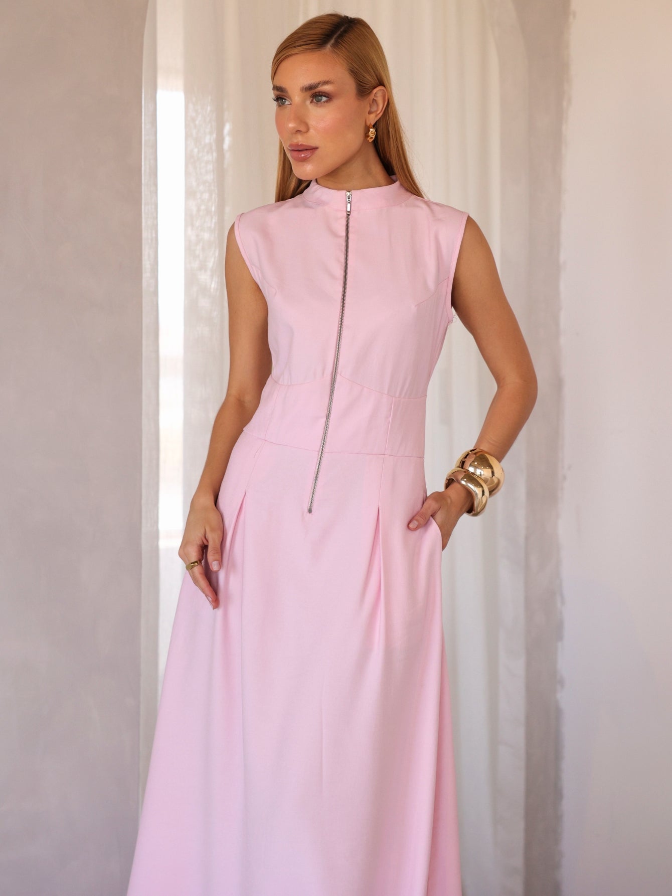 Vestido Longo Alfaiataria com Zíper Frontal Rosalia