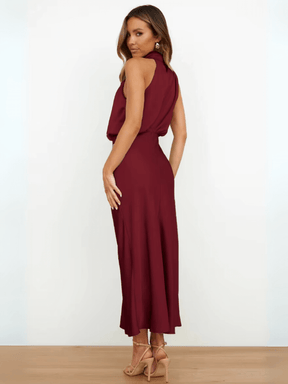 Vestido Midi Acetinado Acinturado com Gola Alta Drapeada Elegante