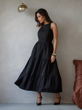 Vestido Longo Alfaiataria Sem Manga Zíper nas Costas Flora