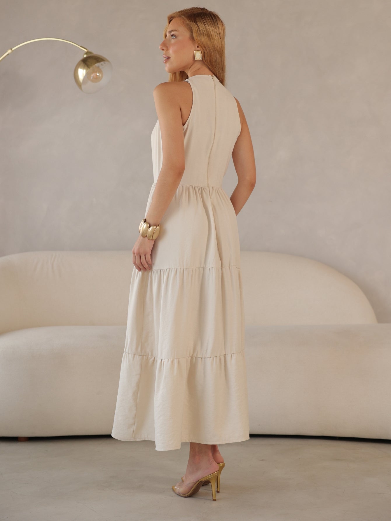 Vestido Longo Alfaiataria Sem Manga Zíper nas Costas Flora