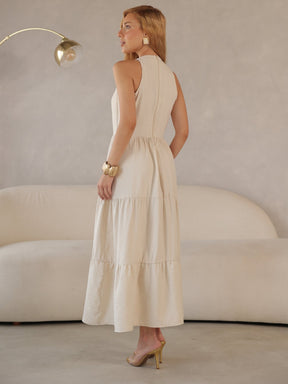 Vestido Longo Alfaiataria Sem Manga Zíper nas Costas Flora