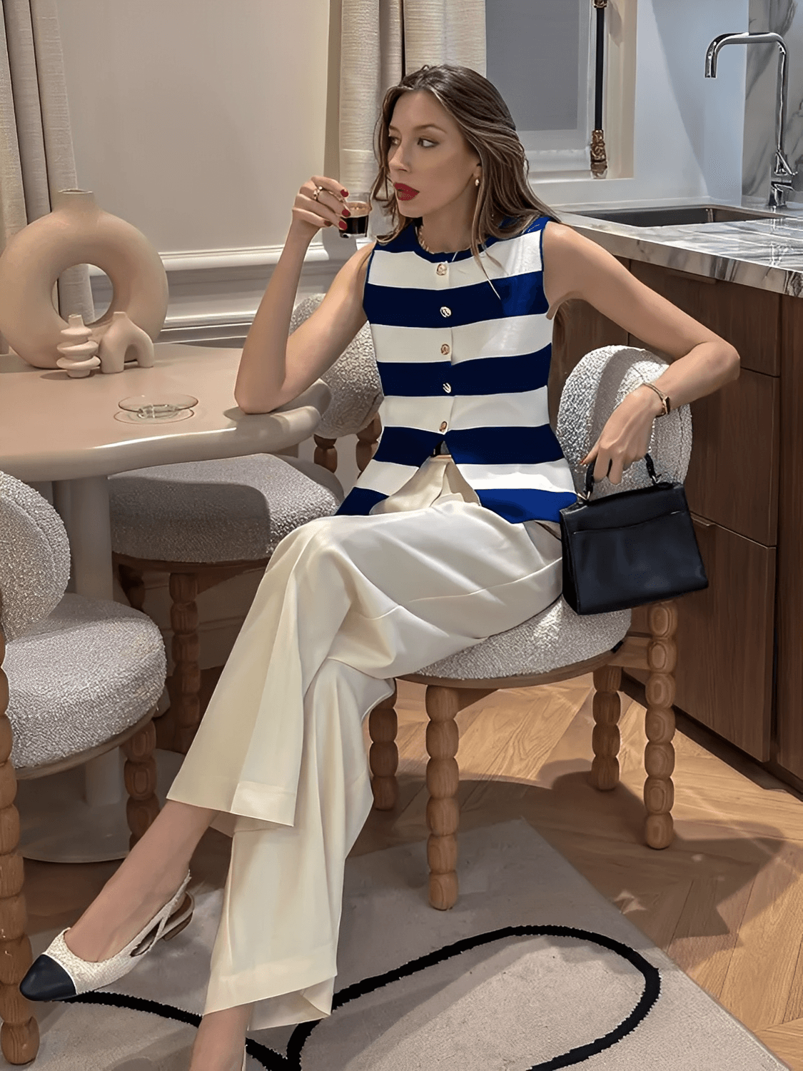 Blusa em Viscose com Listras Sofisticadas e Botões Dourados - Belinda