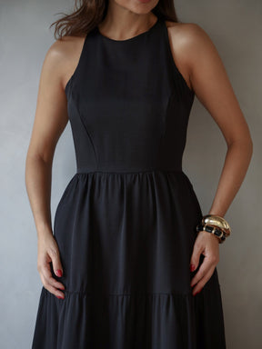 Vestido Longo Alfaiataria Sem Manga Zíper nas Costas Flora