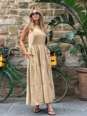 Vestido Longo Alfaiataria Sem Manga Zíper nas Costas Flora