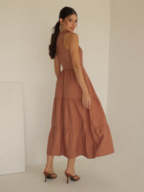 Vestido Longo Alfaiataria Sem Manga Zíper nas Costas Flora