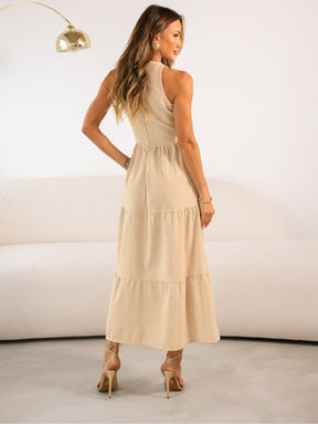 Vestido Longo Alfaiataria Sem Manga Zíper nas Costas Flora