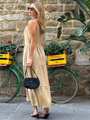 Vestido Longo Alfaiataria Sem Manga Zíper nas Costas Flora