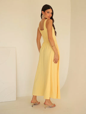 Vestido Longo Alfaiataria Decote Quadrado e Bolsos Yanca