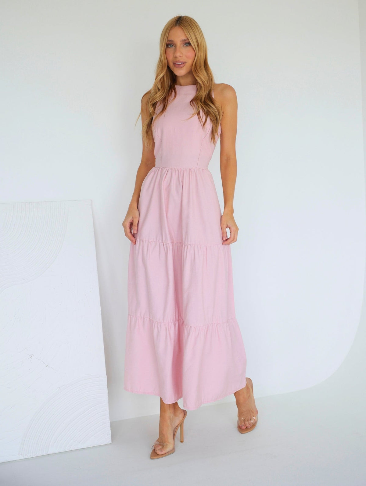 Vestido Longo Alfaiataria Sem Manga Zíper nas Costas Flora