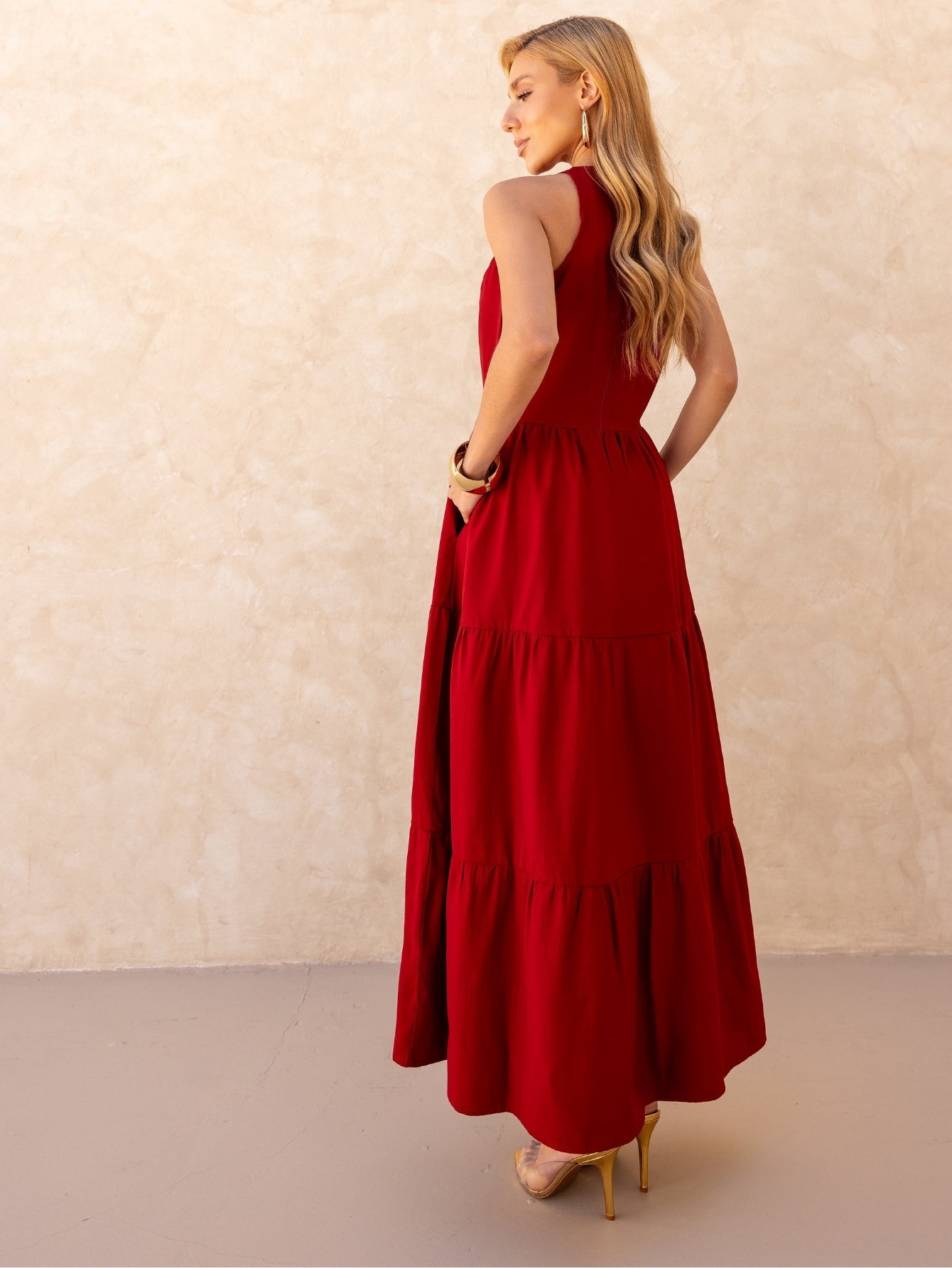 Vestido Longo Alfaiataria Sem Manga Zíper nas Costas Flora