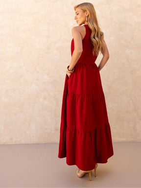 Vestido Longo Alfaiataria Sem Manga Zíper nas Costas Flora