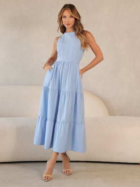 Vestido Longo Alfaiataria Sem Manga Zíper nas Costas Flora