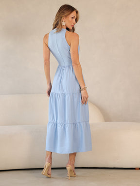 Vestido Longo Alfaiataria Sem Manga Zíper nas Costas Flora