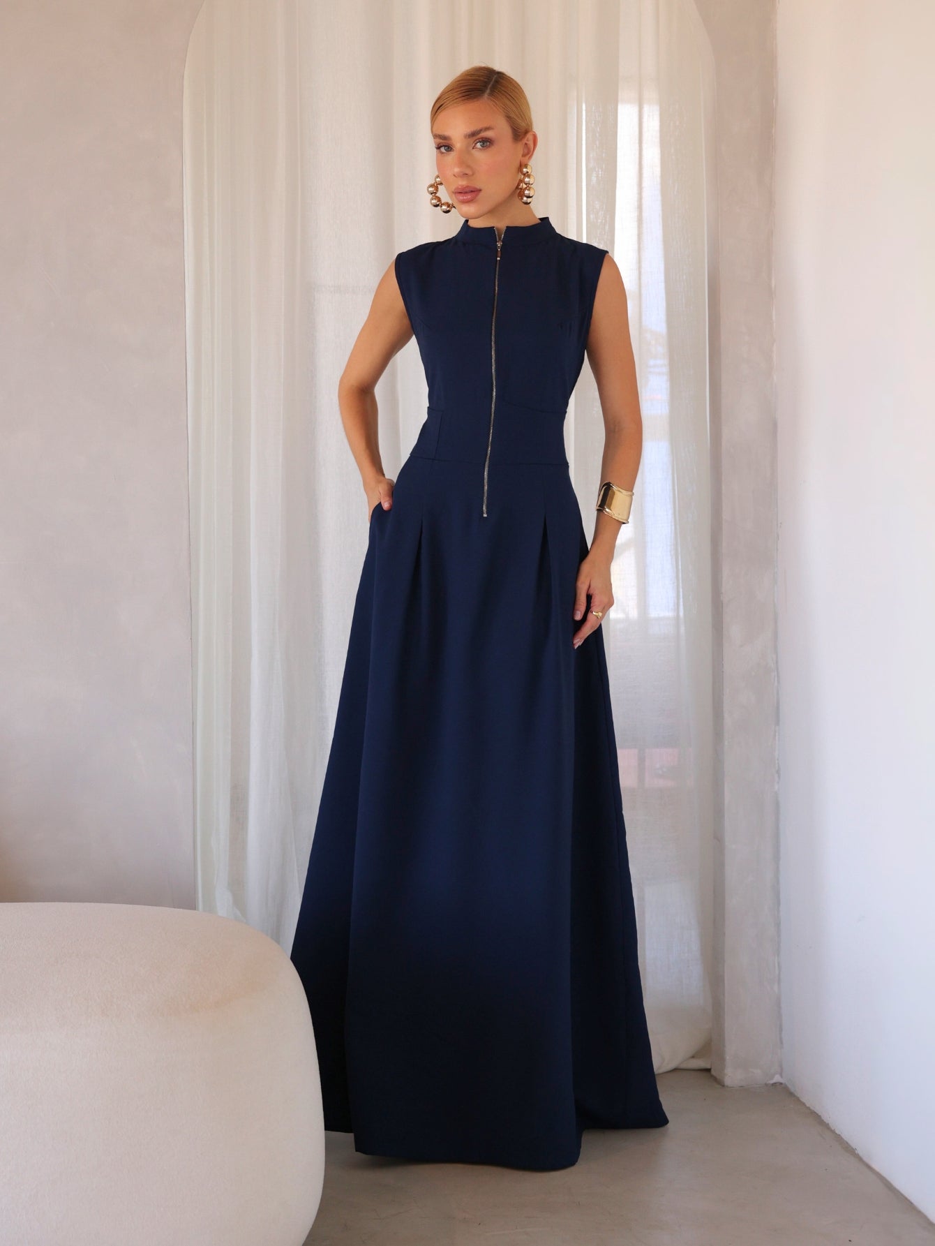 Vestido Longo Alfaiataria com Zíper Frontal Rosalia