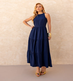 Vestido Longo Alfaiataria Sem Manga Zíper nas Costas Flora