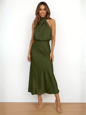 Vestido Midi Acetinado Acinturado com Gola Alta Drapeada Elegante