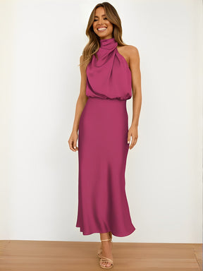 Vestido Midi Acetinado Acinturado com Gola Alta Drapeada Elegante