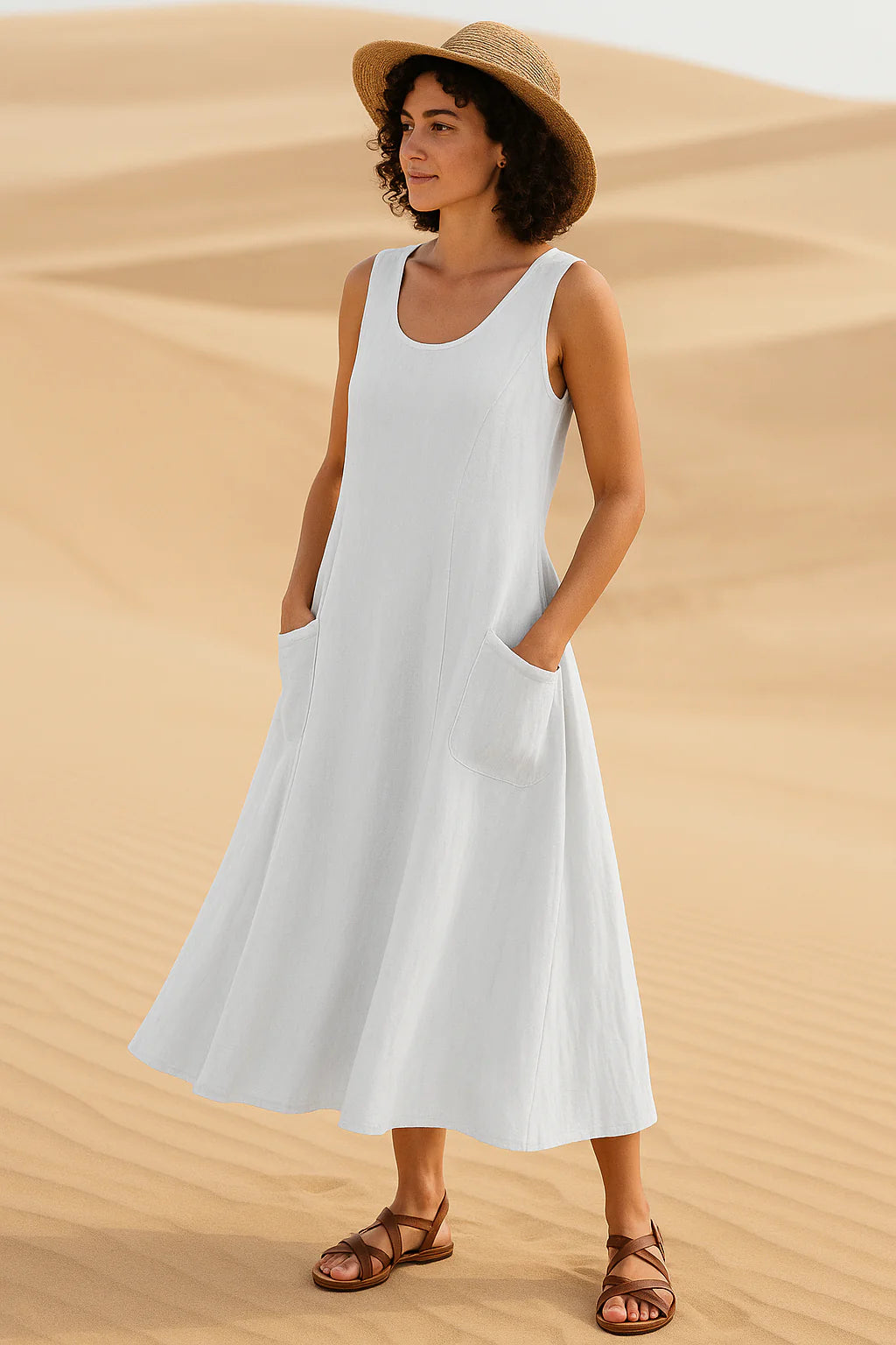 Vestido Isadora  Midi sem Mangas e Bolsos Frontais