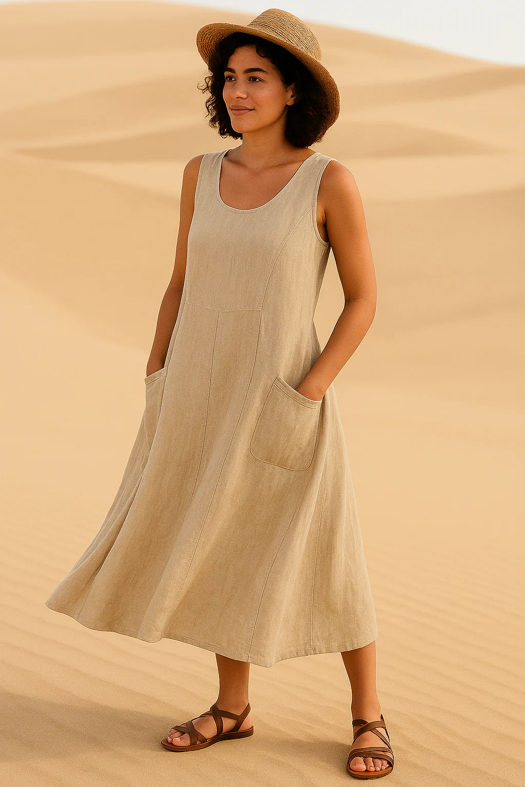 Vestido Isadora  Midi sem Mangas e Bolsos Frontais