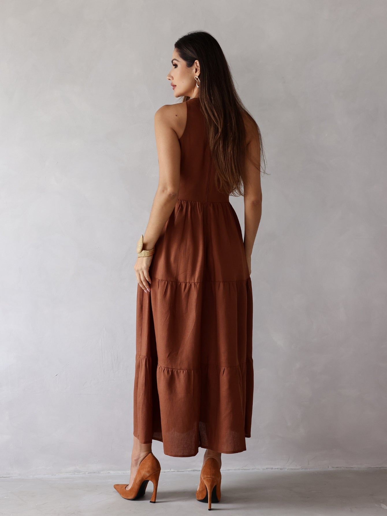 Vestido Longo Alfaiataria Sem Manga Zíper nas Costas Flora