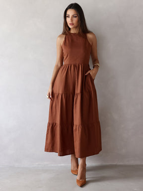 Vestido Longo Alfaiataria Sem Manga Zíper nas Costas Flora