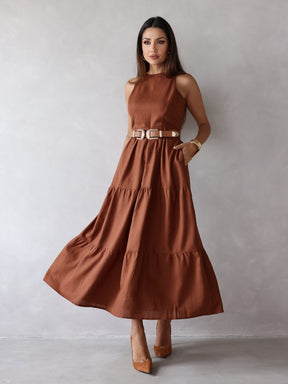 Vestido Longo Alfaiataria Sem Manga Zíper nas Costas Flora