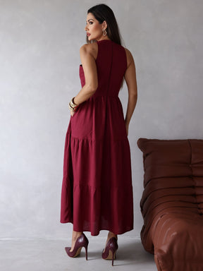 Vestido Longo Alfaiataria Sem Manga Zíper nas Costas Flora