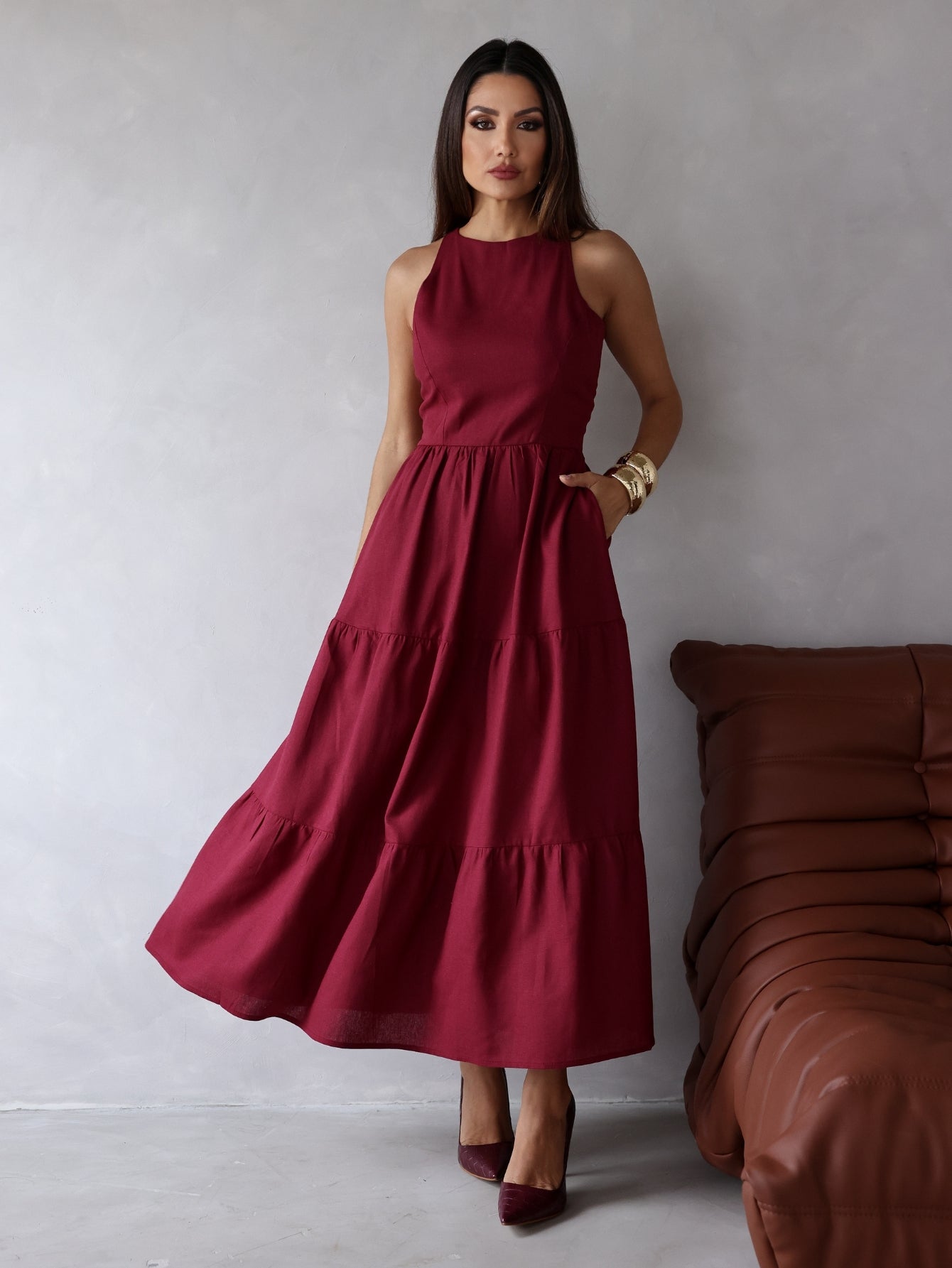 Vestido Longo Alfaiataria Sem Manga Zíper nas Costas Flora