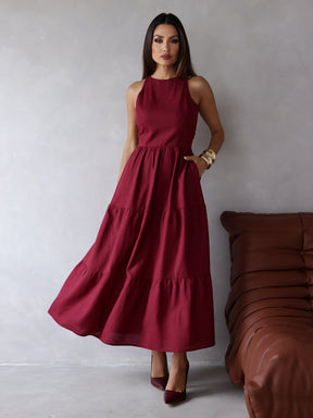 Vestido Longo Alfaiataria Sem Manga Zíper nas Costas Flora