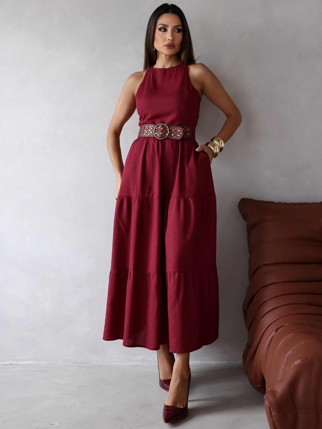 Vestido Longo Alfaiataria Sem Manga Zíper nas Costas Flora