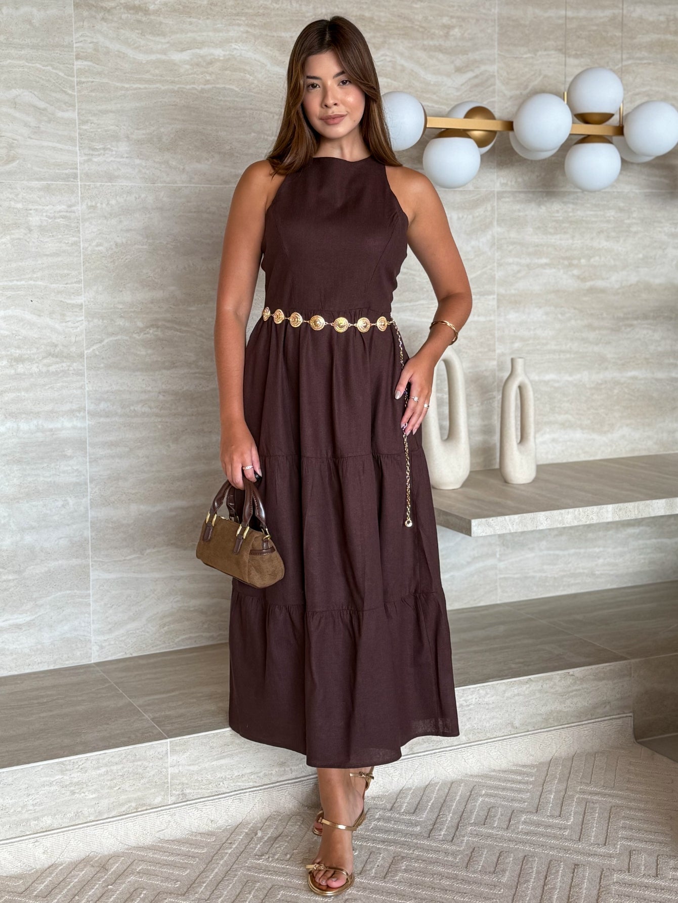 Vestido Longo Alfaiataria Sem Manga Zíper nas Costas Flora