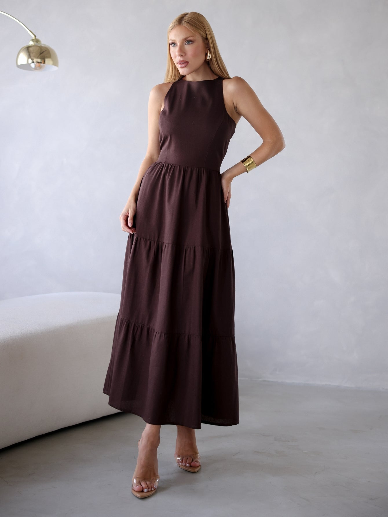 Vestido Longo Alfaiataria Sem Manga Zíper nas Costas Flora