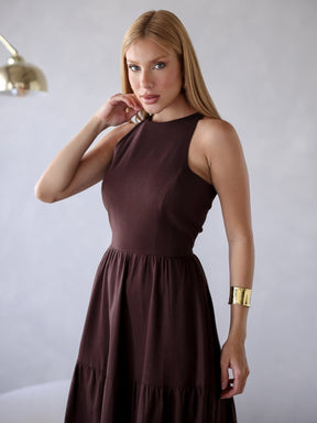 Vestido Longo Alfaiataria Sem Manga Zíper nas Costas Flora