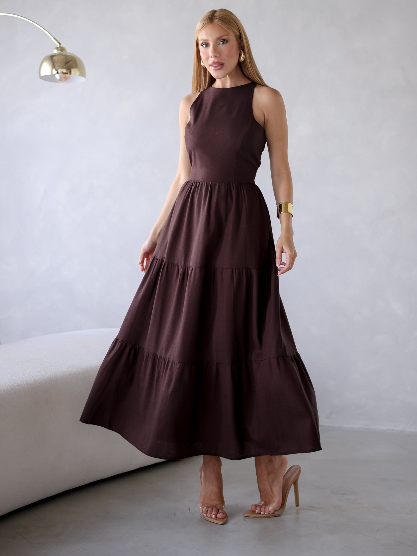 Vestido Longo Alfaiataria Sem Manga Zíper nas Costas Flora