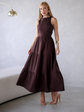 Vestido Longo Alfaiataria Sem Manga Zíper nas Costas Flora