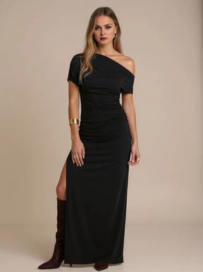 Vestido Cairo - Vestido Longo Assimétrico com Fenda e Drapeado - Menta Chic