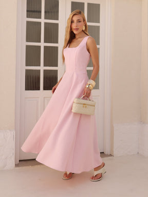 Vestido Longo Alfaiataria Decote Quadrado e Bolsos Yanca