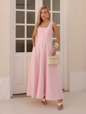 Vestido Longo Alfaiataria Decote Quadrado e Bolsos Yanca