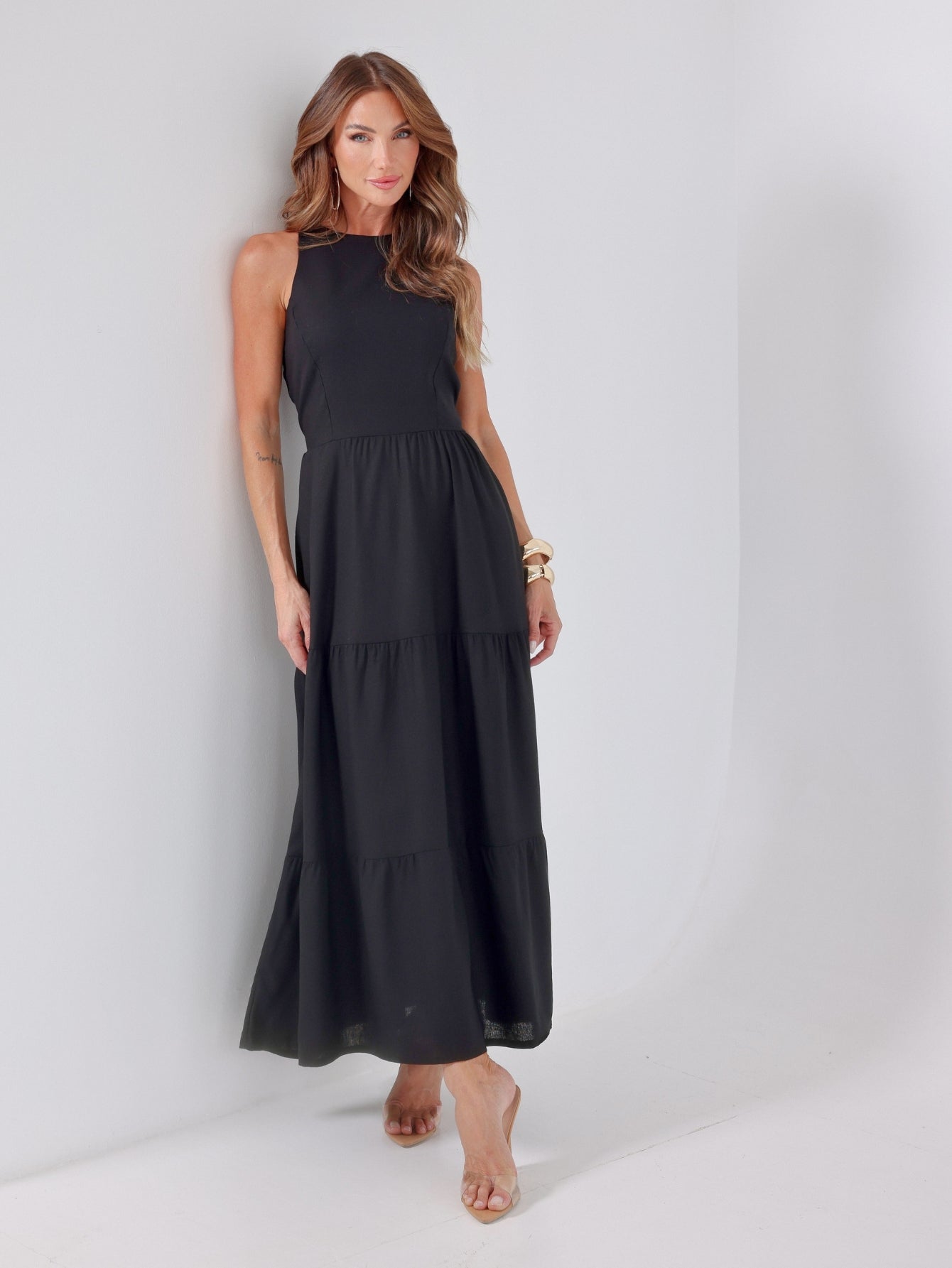 Vestido Longo Alfaiataria Sem Manga Zíper nas Costas Flora